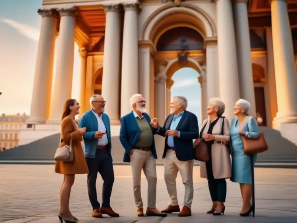 Seniors explorando monumento histórico en Europa Rutas históricas para viajeros senior explorando un majestuoso monumento iluminado en Europa