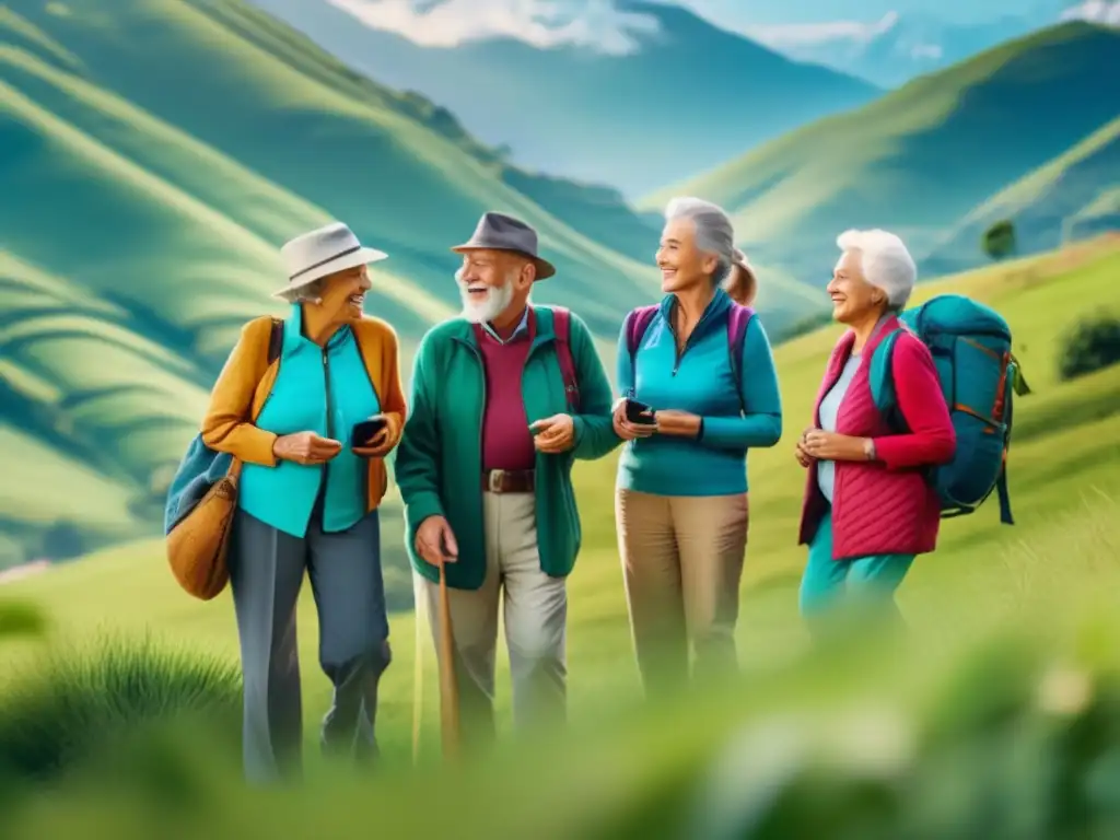 Grupo de viajeros mayores disfrutando de la naturaleza Grupo de seniors disfrutando viaje naturaleza - Precauciones viajes naturaleza seniors
