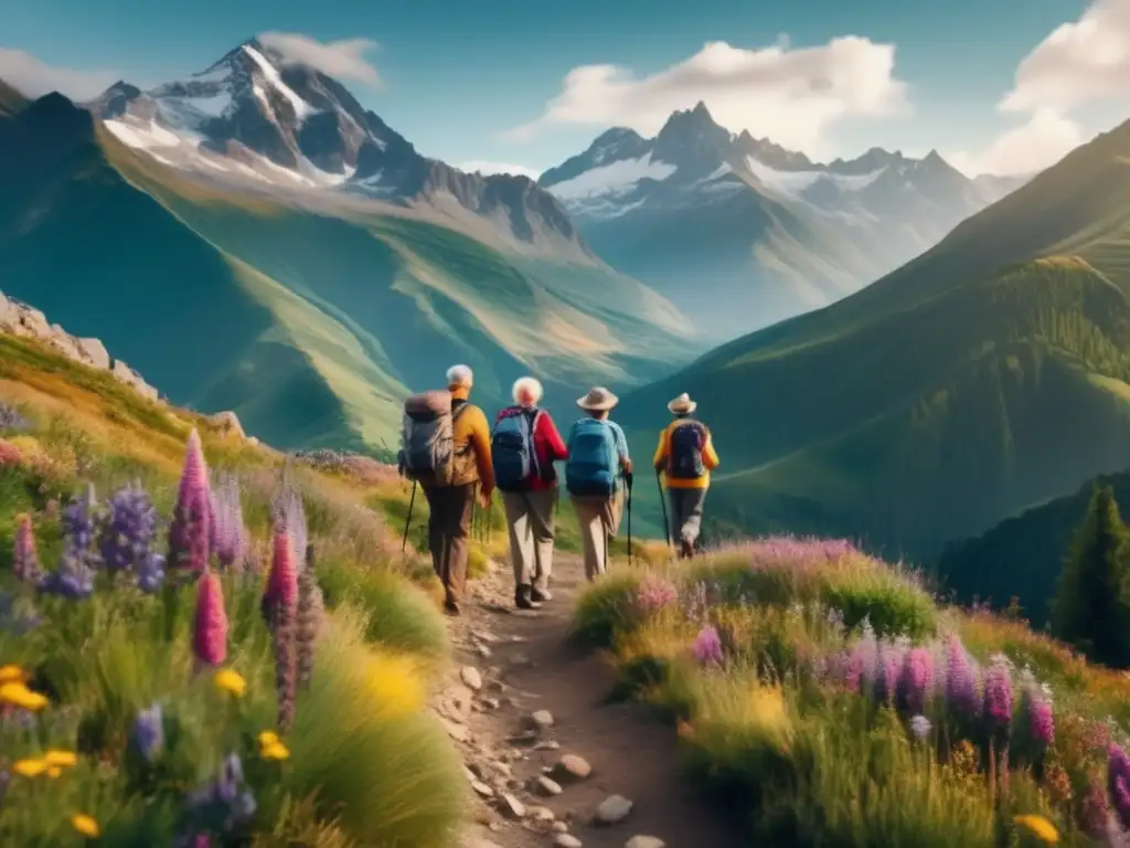 Grupo de mayores explorando paisaje montañoso Destinos emergentes para viajeros senior explorando paisaje montañoso