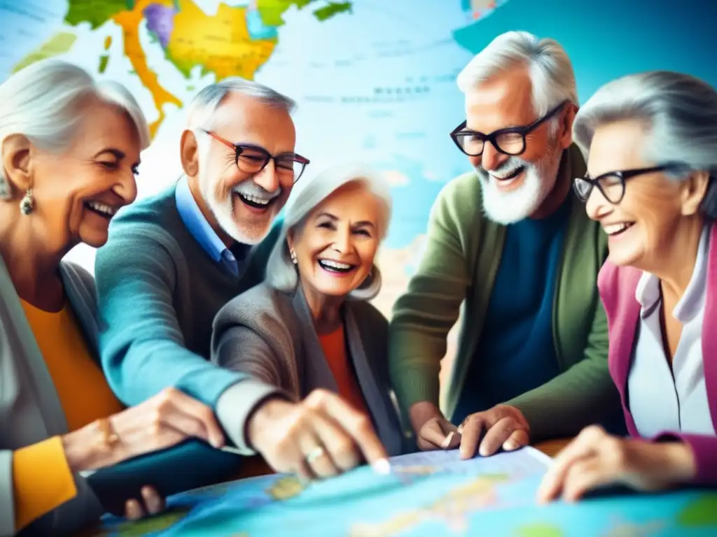Grupo de viajeros mayores planificando su aventura Preparación viajes grupales seniors: viajeros mayores sonríen y planean aventura alrededor de un mapa mundial lleno de destinos coloridos