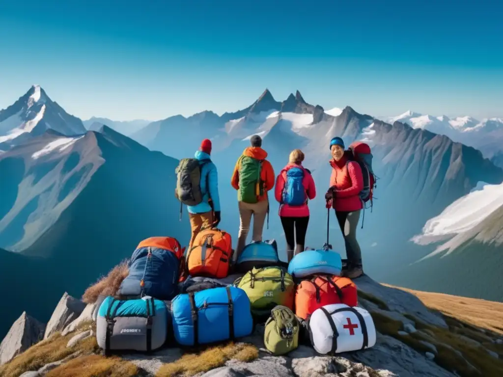Hikers equipados y primeros auxilios en montaña Grupo diverso de excursionistas en una cima de montaña rodeados de picos nevados, cielo azul y equipo médico