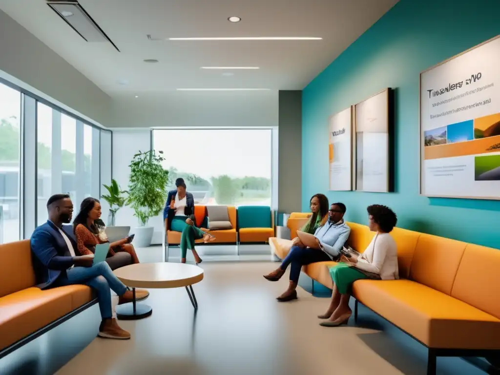 Viajeros modernos en sala de espera médica Viajeros en sala de espera de clínica médica, ambiente moderno y acogedor