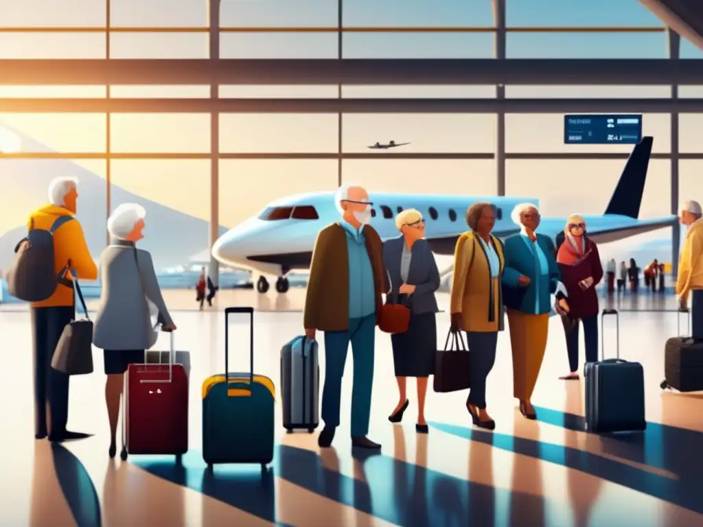 Grupo diverso de viajeros mayores en terminal aeroportuaria moderna Precauciones viajes largos seniors en aeropuerto moderno con transporte seguro y personal amable