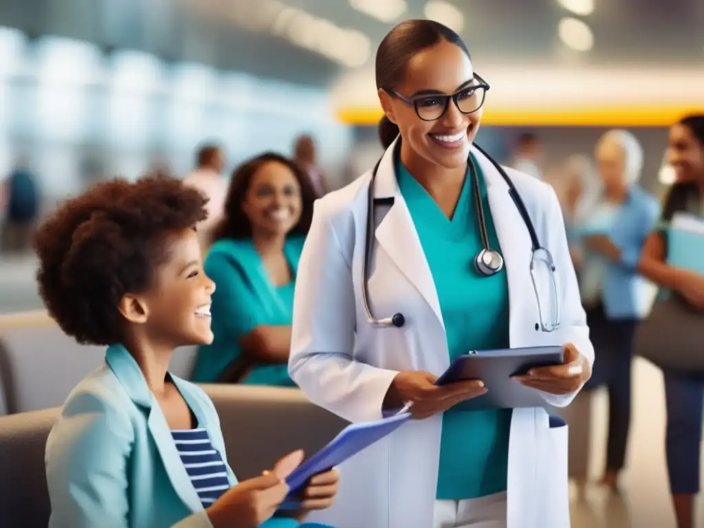 Diversidad de viajeros felices en aeropuerto Importancia chequeo médico viaje: Diversa gente en aeropuerto, ambiente vibrante, anticipación y emoción
