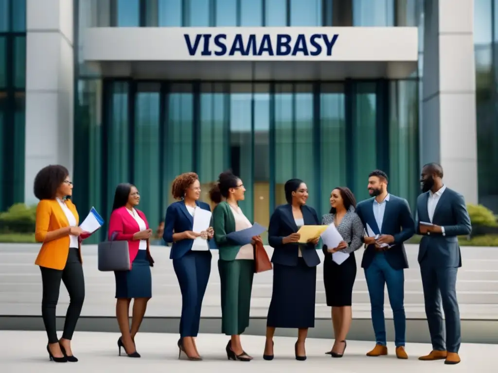 Proceso de solicitud de visa: grupo diverso en embajada Grupo diverso solicita visado en embajada moderna
