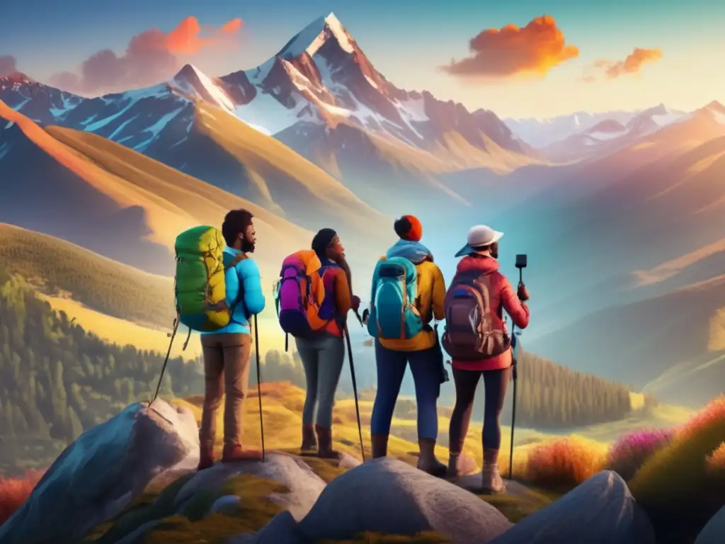 Grupo diverso de adultos en montaña con equipamiento de viaje Técnicas viaje seguro adultos: Grupo diverso de adultos en una montaña con equipo de viaje, mapas y brújulas, transmitiendo confianza y positividad