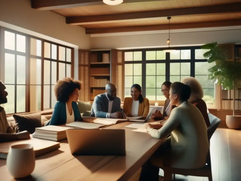 Grupo diverso investigando genealogía en una mesa - Sitios web genealogía para adultos investigando en mesa de madera con fotos, documentos y notas, iluminada por ventanales