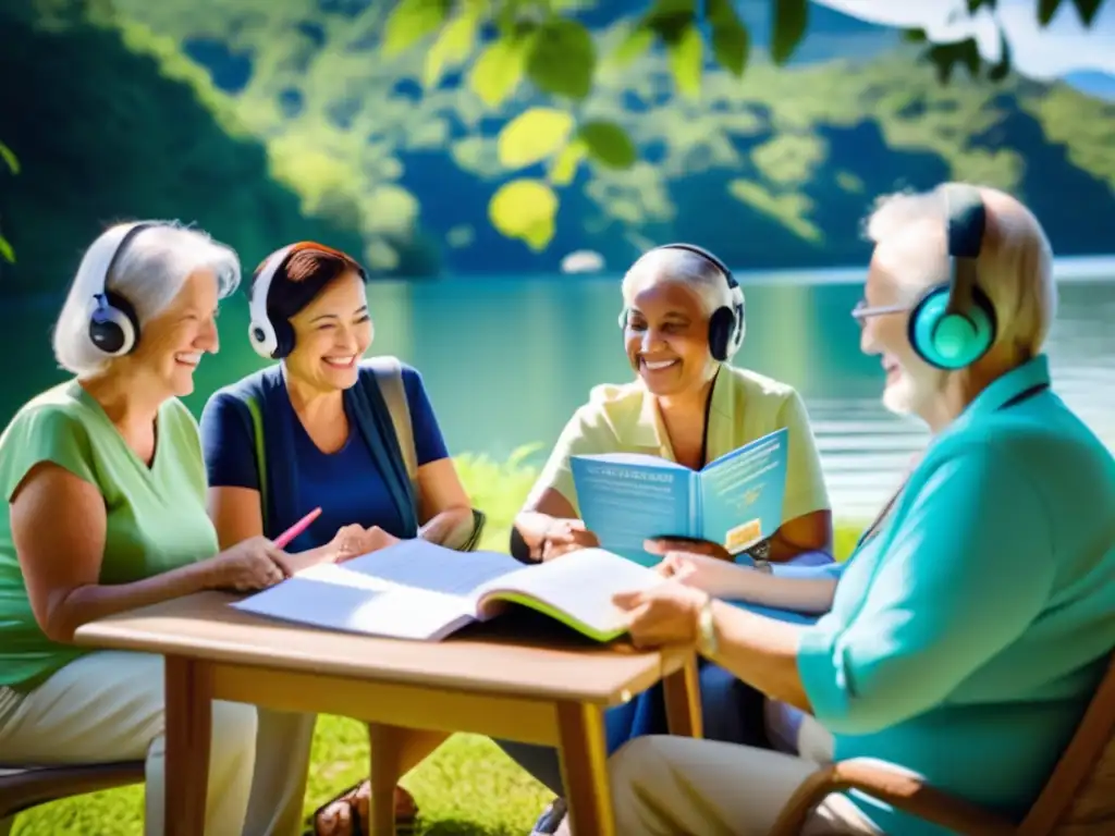 Alegre grupo de adultos mayores aprendiendo idiomas al aire libre Grupo de adultos mayores sonrientes en clase de idiomas al aire libre, disfrutando beneficios de viajes lingüísticos