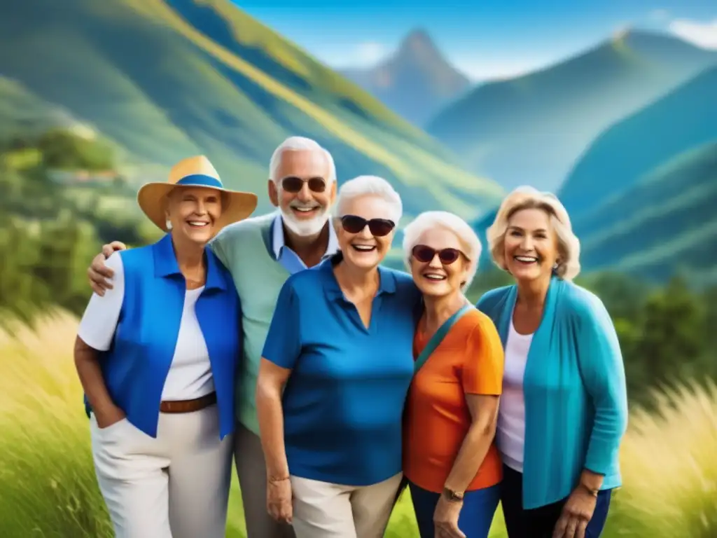 Grupo feliz disfrutando viaje Viajes personalizados para adultos mayores disfrutando de la aventura y descubrimiento en grupo, en un paisaje montañoso impresionante