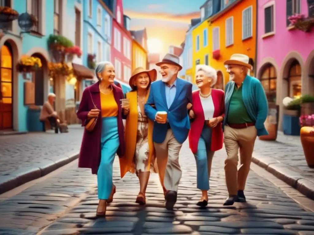 Aventura y seguridad: Seniors felices explorando una vibrante ciudad Seguro de viaje para mayores: Seniors felices exploran una ciudad vibrante y llena de vida