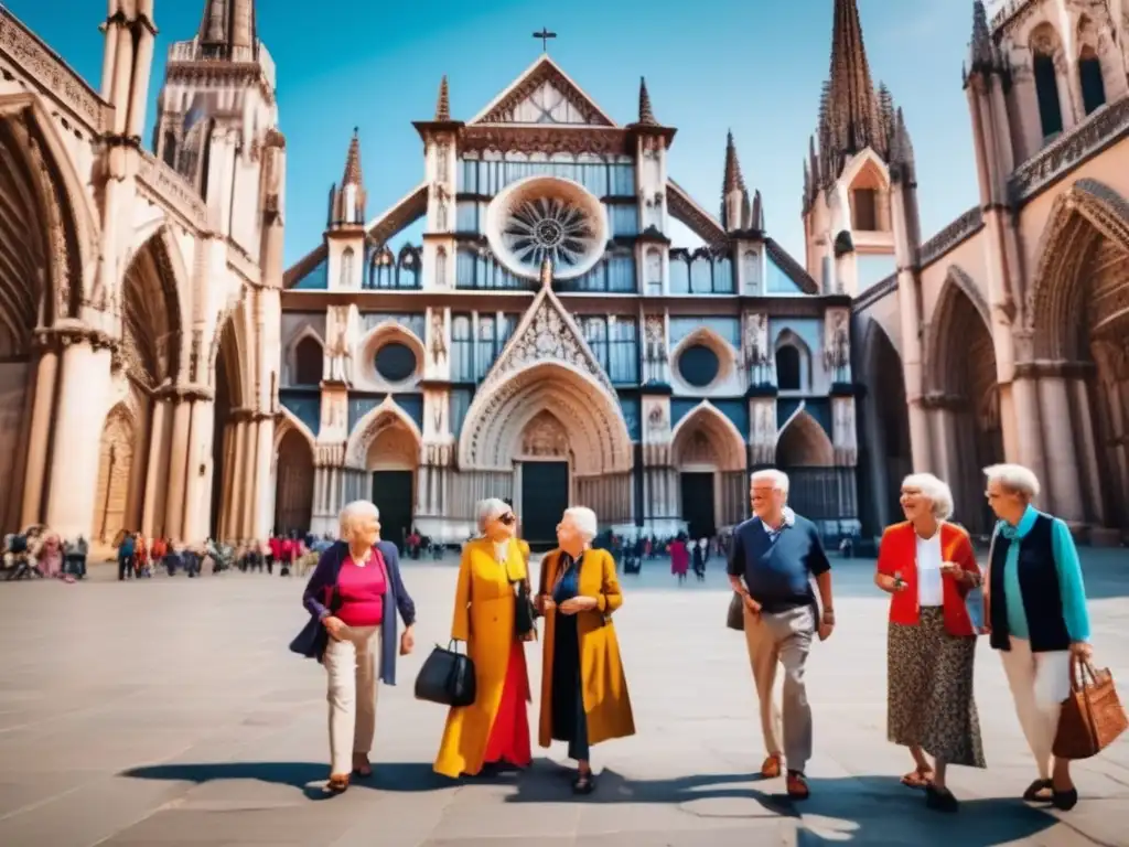 Peregrinaciones para viajeros seniors: grupo alegre frente a catedral gótica con spires altas y detalles ornamentados