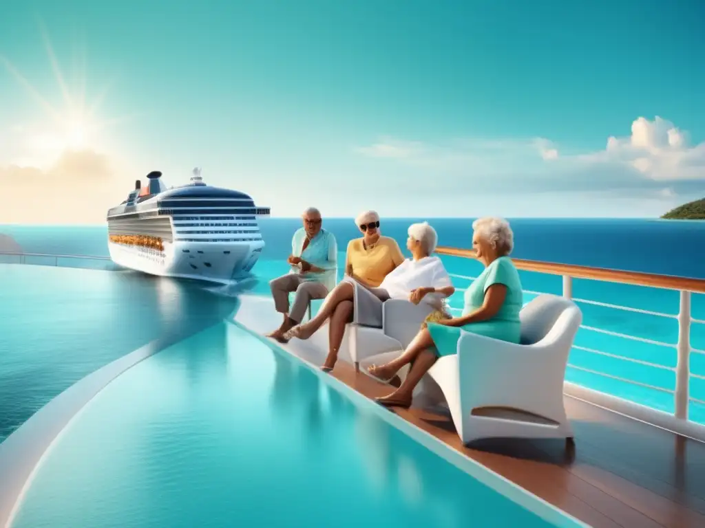 Crucero de lujo con personas mayores disfrutando Viajes personalizados para adultos mayores: grupo feliz en crucero de lujo rodeado de aguas turquesa