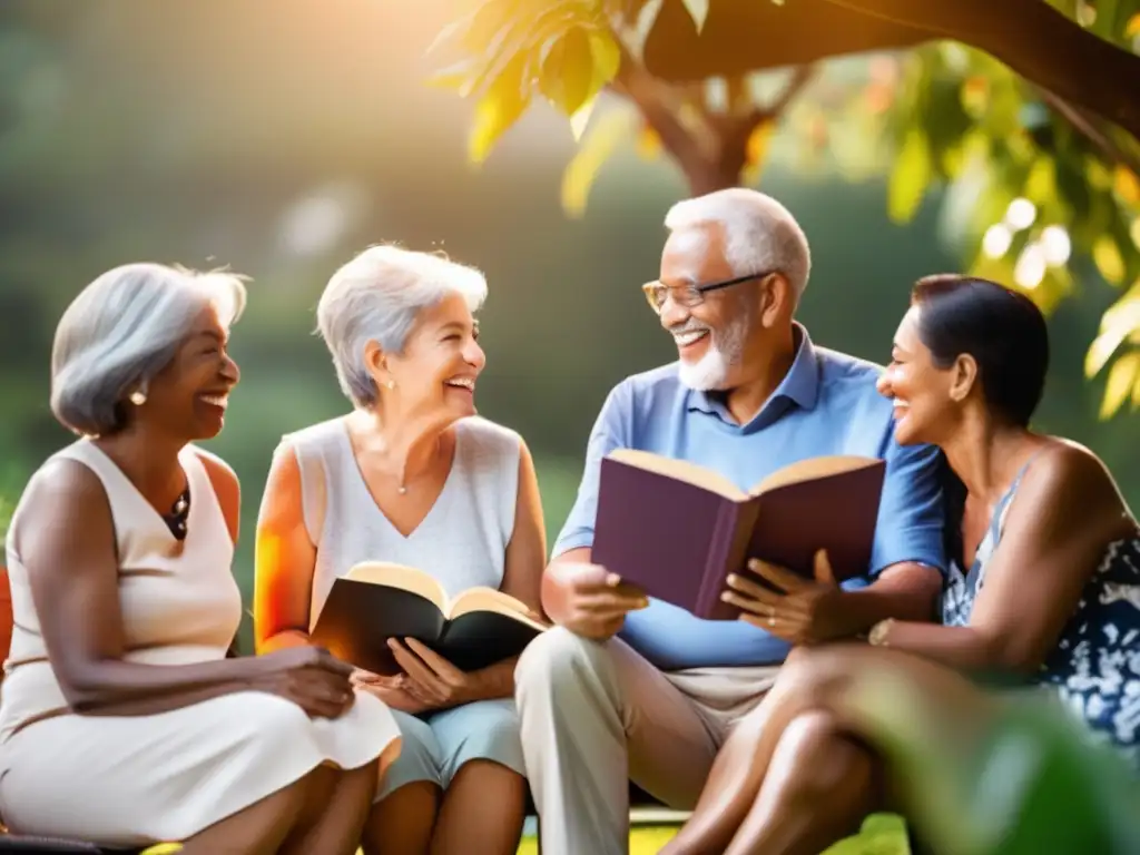 Conversación animada de adultos mayores en entorno natural Consejos para viajes lingüísticos adultos mayores en un entorno al aire libre rodeado de vegetación, disfrutando de la lectura y la conversación