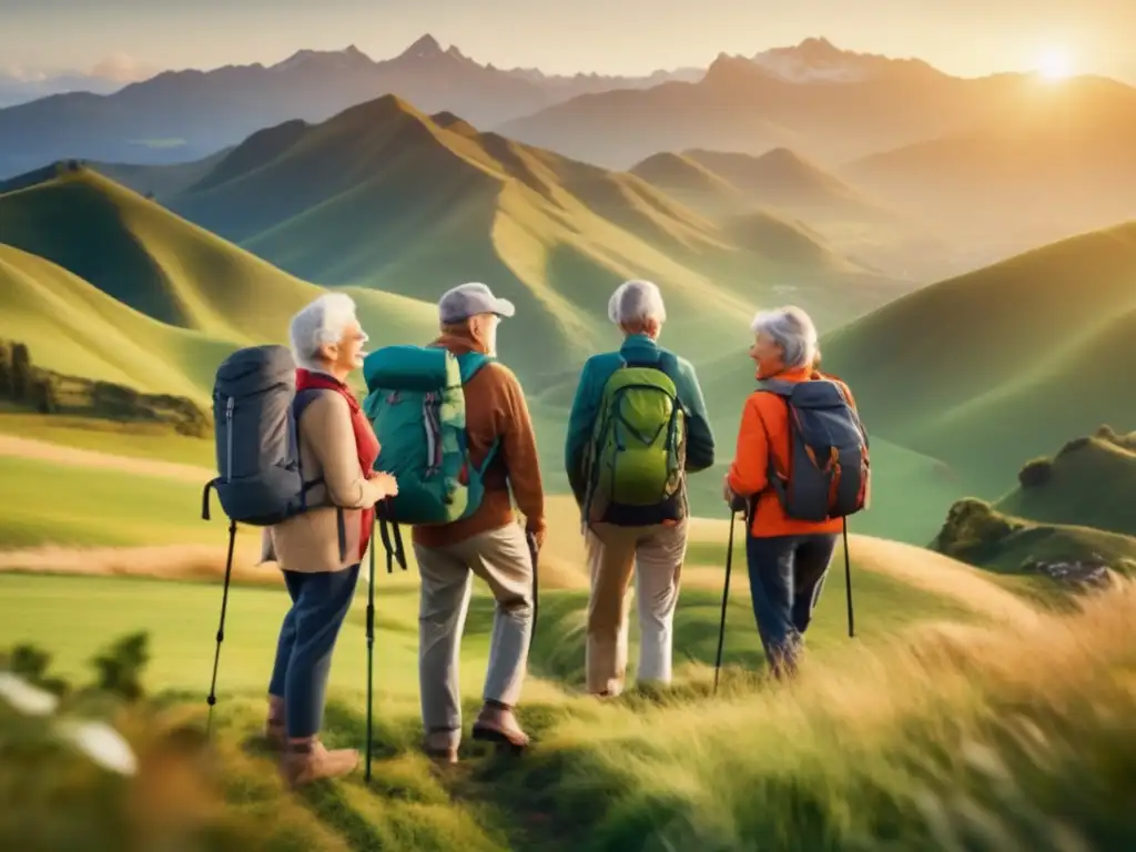 Grupo de viajeros mayores disfrutando de la naturaleza Grupo de adultos mayores disfrutando de viajes sostenibles con guía y paisaje impresionante