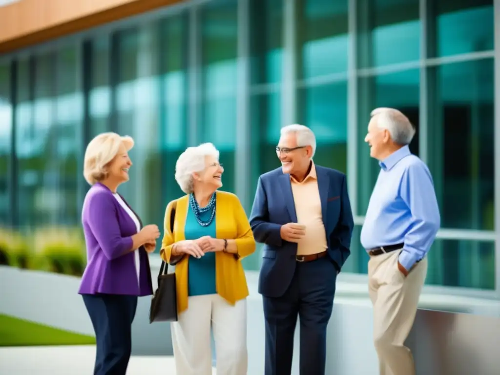 Grupo de adultos mayores sonrientes en moderna instalación médica Testimonios turismo médico personas mayores en moderna instalación médica con arquitectura elegante, jardines verdes y sonrientes conversaciones