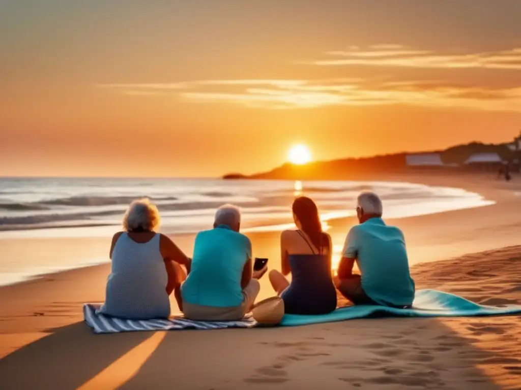 Grupo de viajeros maduros disfrutan en playa al atardecer, compartiendo experiencias y usando redes sociales para mejorar sus viajes