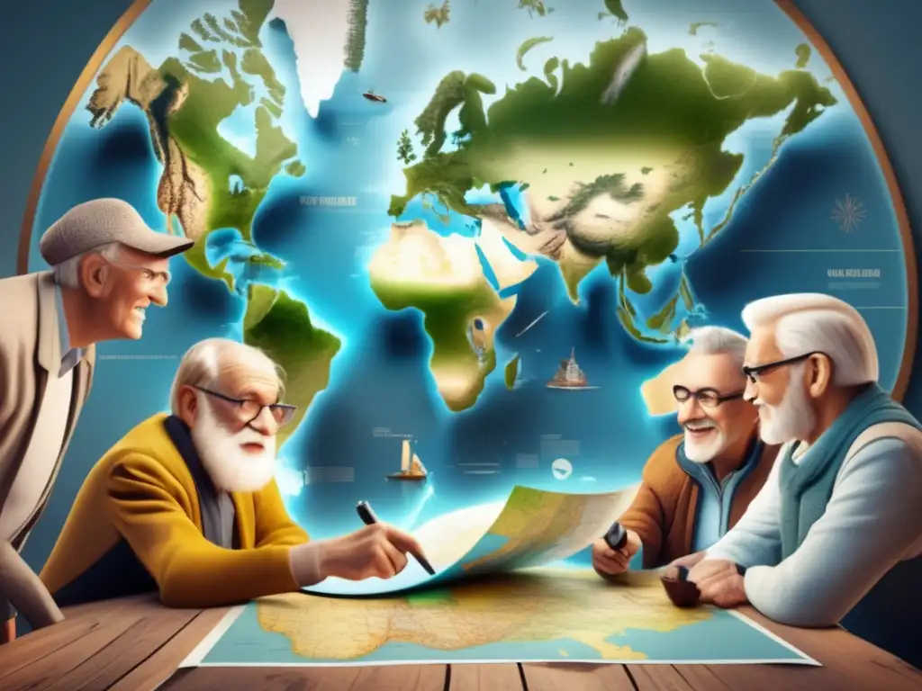 Grupo de viajeros mayores planificando su aventura Riesgos de viaje para seniors: Grupo de viajeros seniors planeando su aventura alrededor de un mapa del mundo detallado