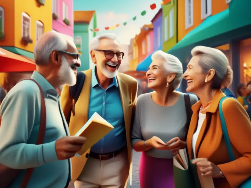Grupo de adultos mayores conversando y explorando una ciudad vibrante y pintoresca - Errores viajes lingüísticos adultos mayores