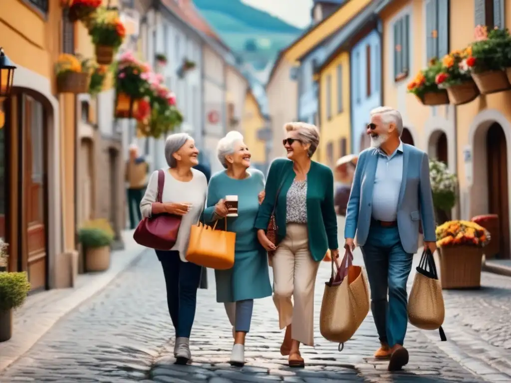 Seniors enjoying a leisurely walk in Europe Viajeros seniors disfrutando de paseo seguro en Europa