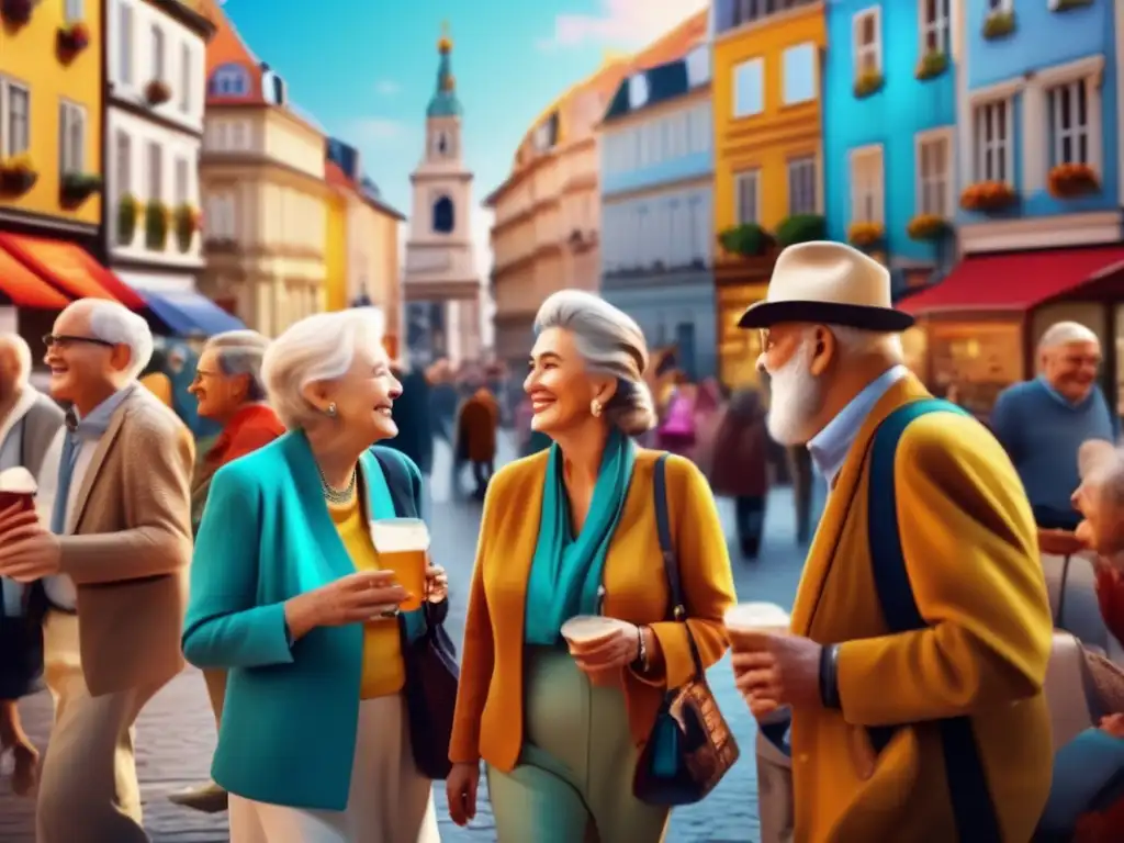 Viajeros mayores inmersos en una ciudad europea vibrante Viajes culturales para seniors enriquecedores en una vibrante ciudad europea