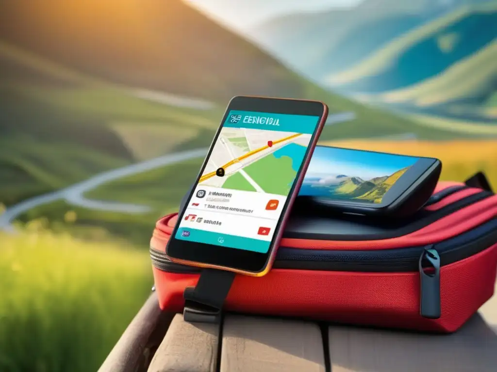 Smartphone y mochila tecnológica Tecnología imprescindible para viajeros seniors: smartphone, mapa de destinos, mochila organizada con accesorios