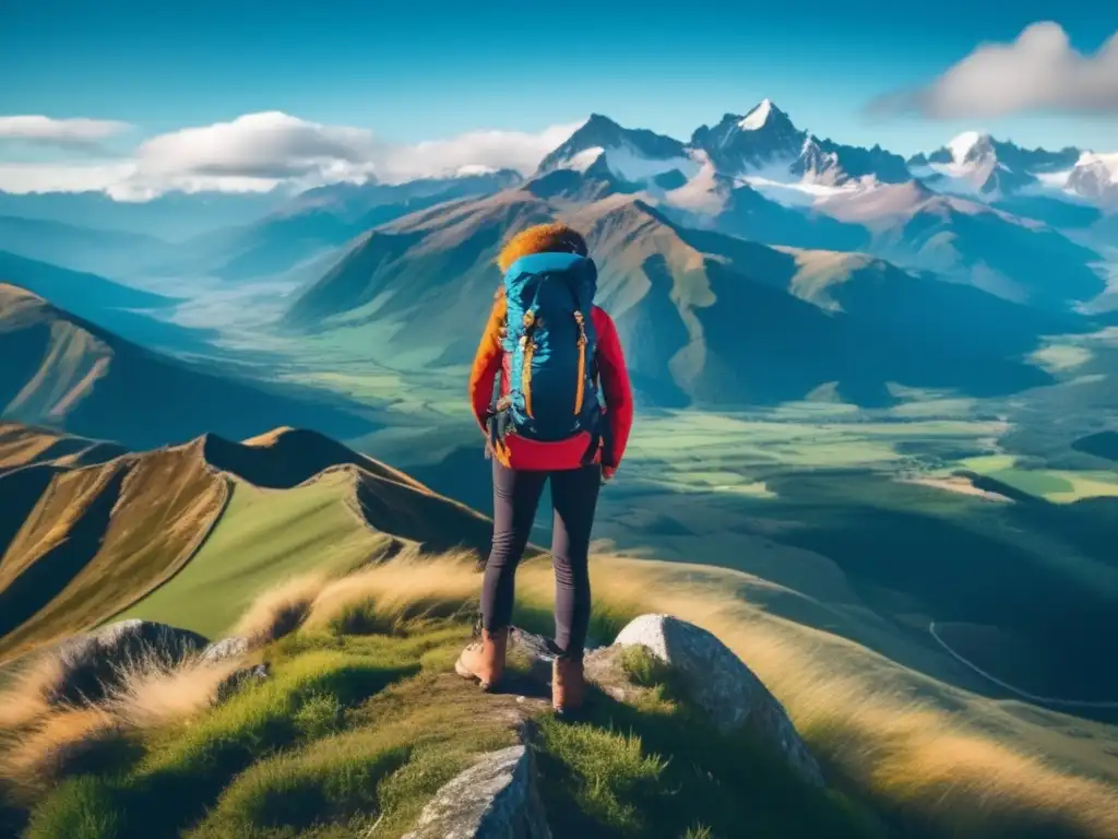 Viajero en la cima de una montaña, admirando paisaje majestuoso Un viajero en la cima de una montaña, admira un paisaje majestuoso
