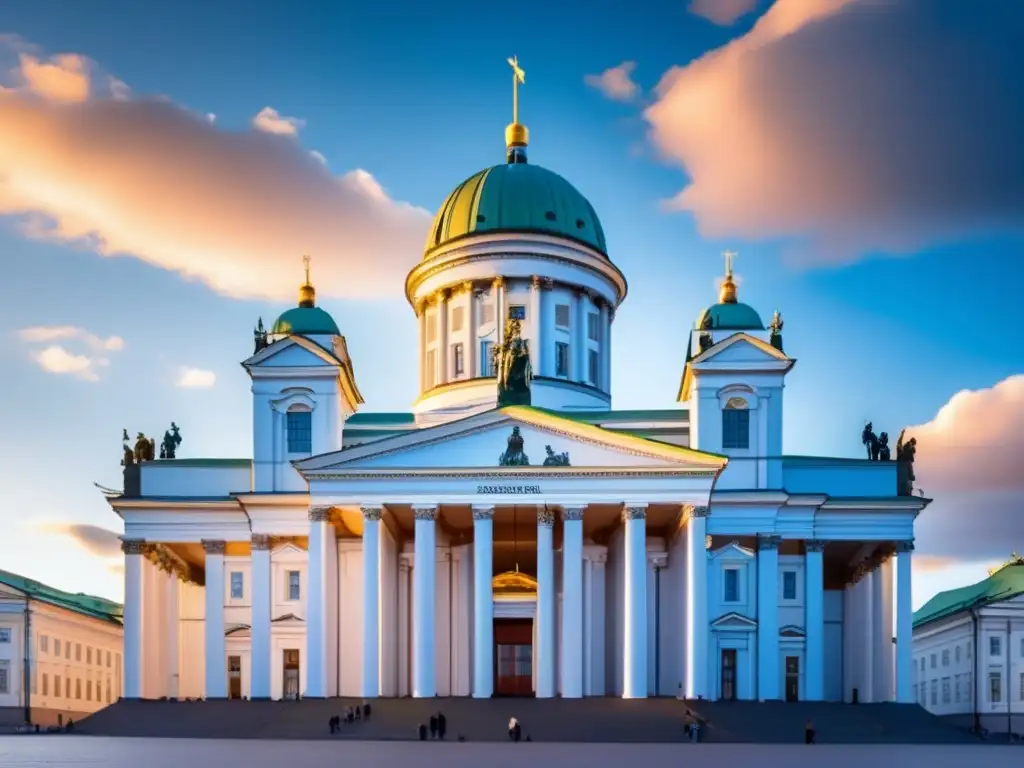 Helsinki Cathedral al atardecer Experiencias en Helsinki para viajeros maduros: Vista impresionante de la Catedral de Helsinki al atardecer, con su magnífica arquitectura neoclásica iluminada por rayos dorados de sol