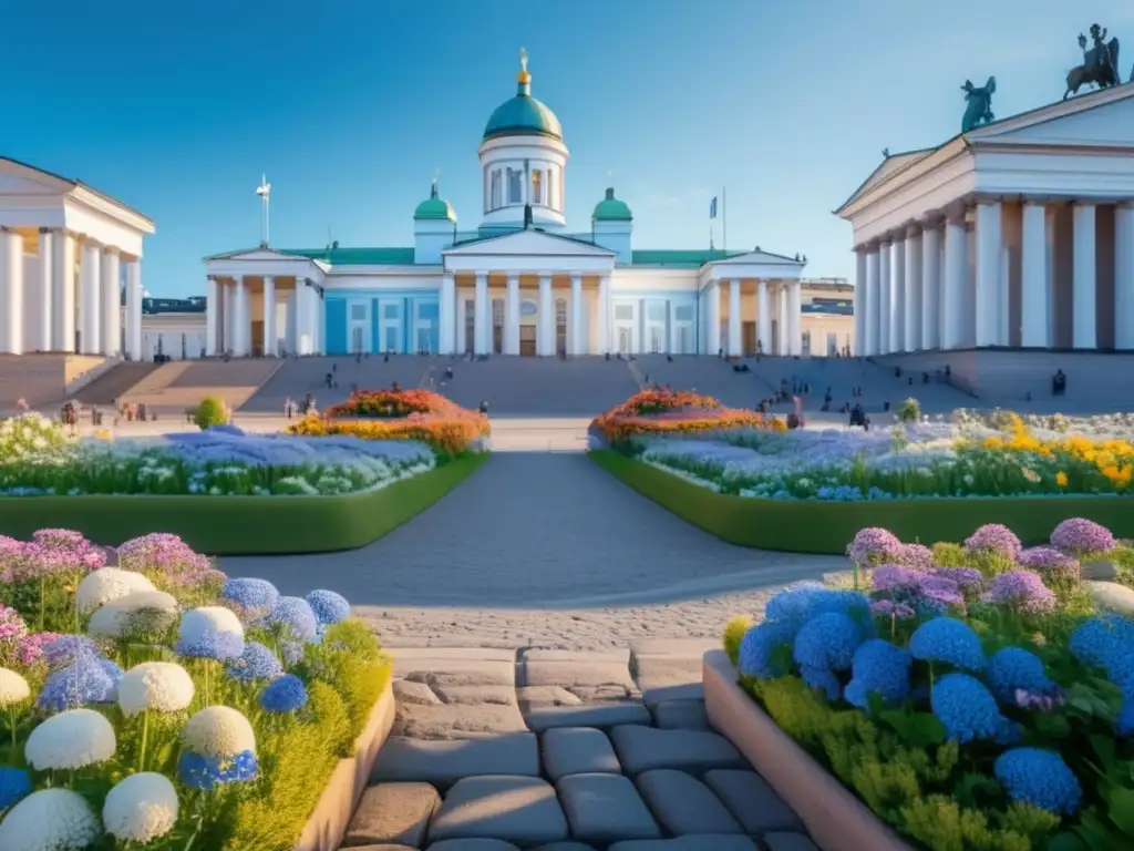 Hermosa imagen de la Plaza del Senado en Helsinki durante el verano Experiencias en Helsinki para viajeros maduros: Plaza del Senado en verano con la Catedral de Helsinki y jardines florecientes