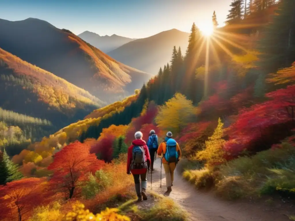 Hikers disfrutando de la naturaleza Retiros de senderismo para adultos mayores en un paisaje otoñal impresionante