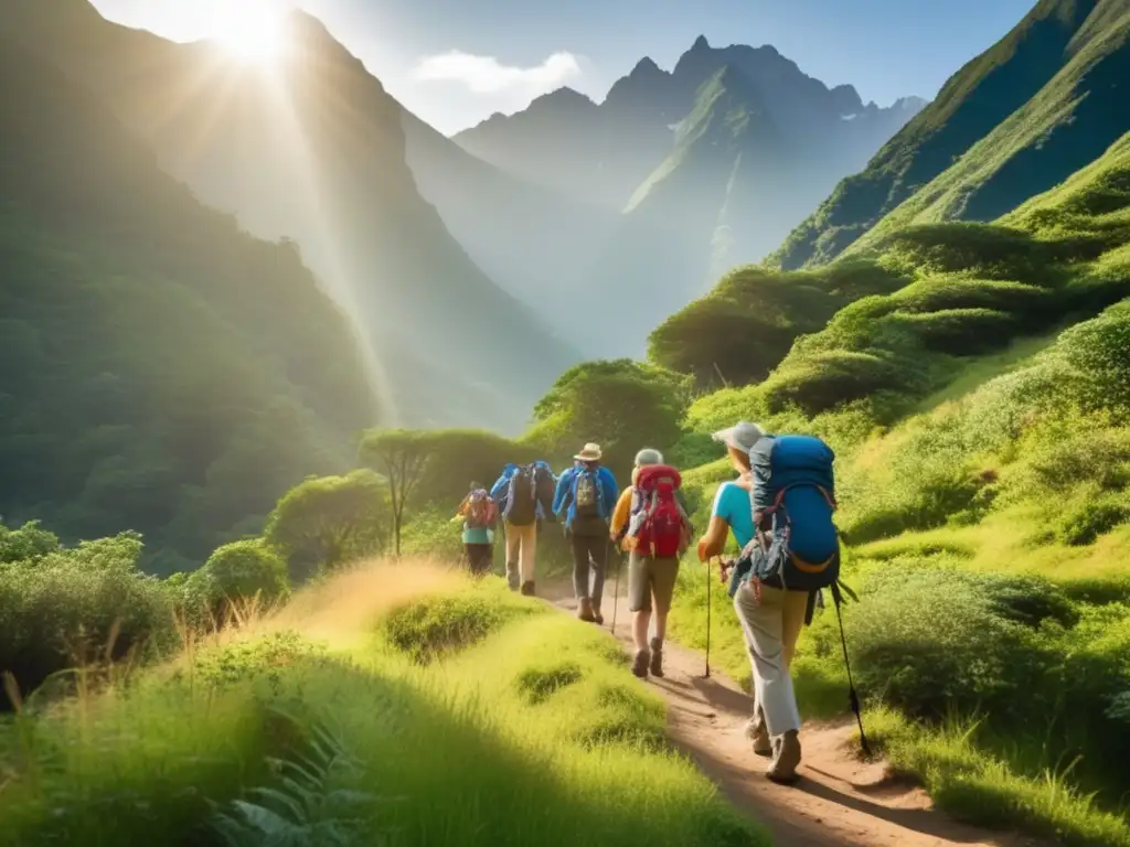 Grupo de excursionistas disfrutando la naturaleza Grupo de senderistas maduros disfrutando paisaje montañoso y conversación en senderismo