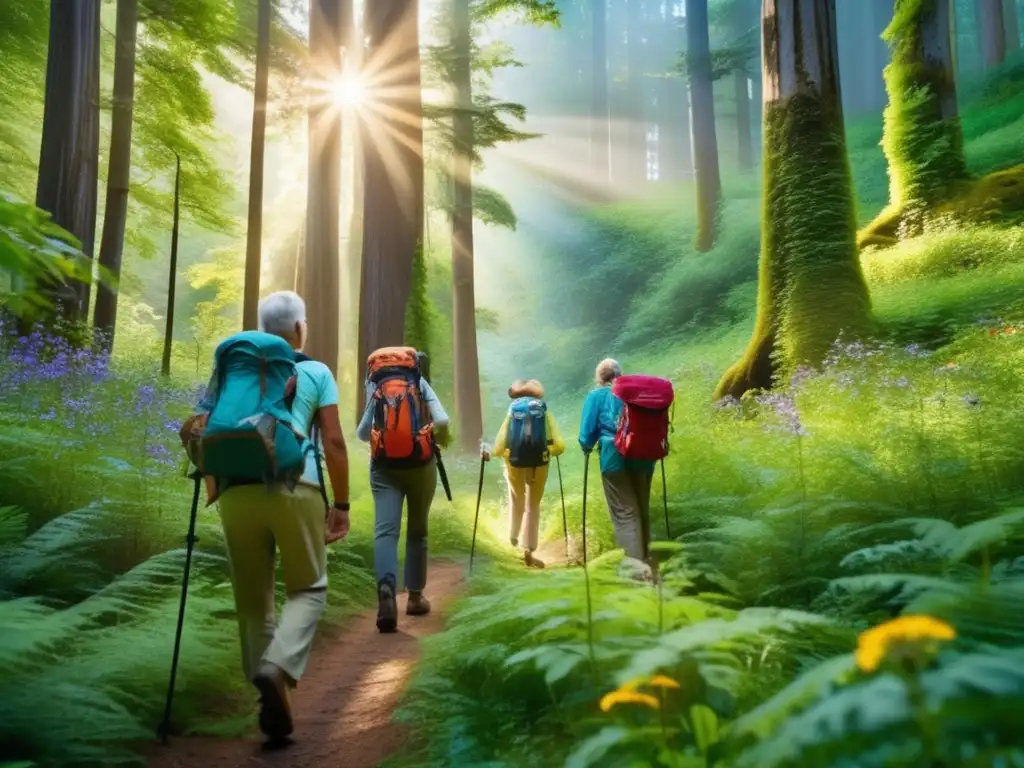 Excursión de senderismo en bosque exuberante Aventuras ecológicas para viajeros maduros disfrutando de un senderismo en un bosque exuberante