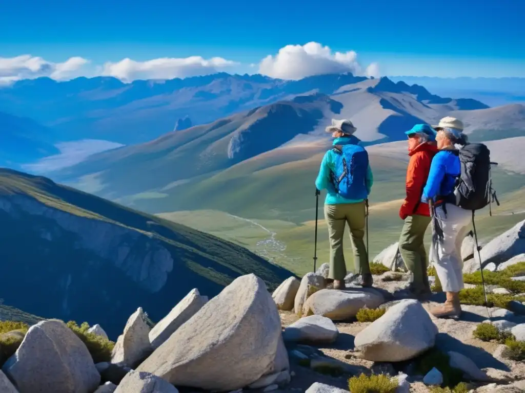 Excursión en Sierra Nevada: Hikers disfrutando la cumbre Senderismo para viajeros maduros: grupo de hikers en cima de montaña Sierra Nevada con vista panorámica