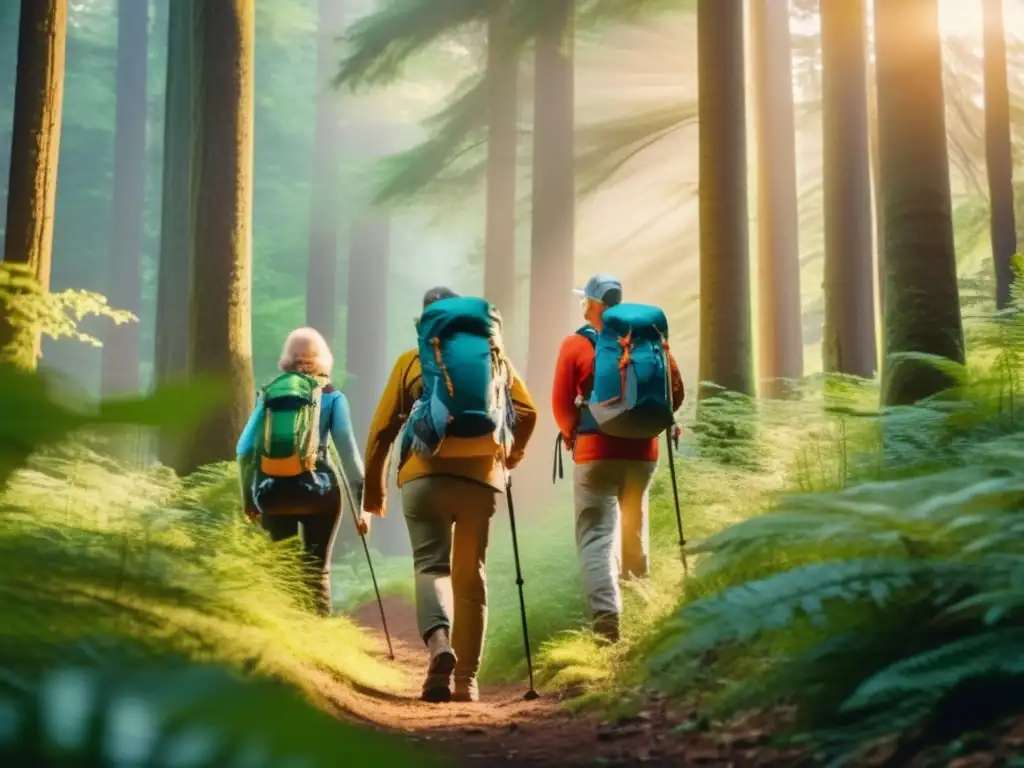 Senderismo en bosque sereno con hikers maduros Hikers maduros disfrutan senderismo rodeados de naturaleza: aventuras en la naturaleza