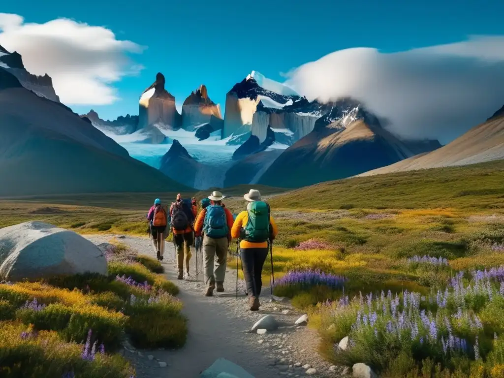 Grupo de senderistas mayores en Torres del Paine, Chile Preparación física para el ecoturismo senior: Grupo de excursionistas mayores explorando Torres del Paine, Chile