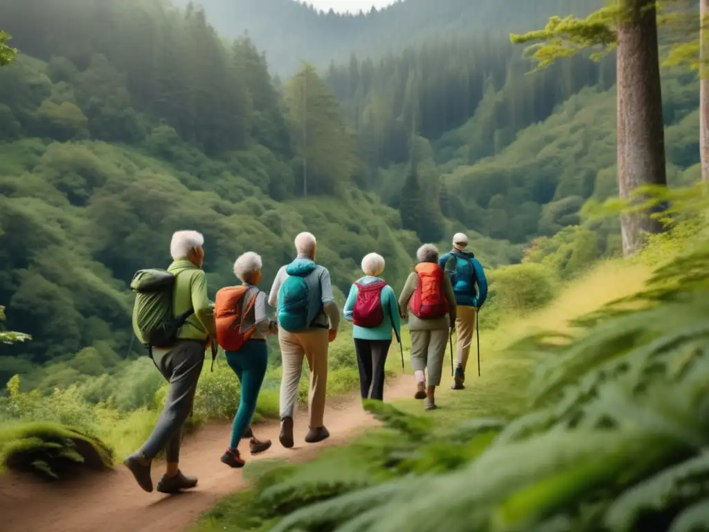 Hikers mayores calentando en sendero Senderismo seguro para adultos mayores en un hermoso sendero rodeado de naturaleza y guiados por un experto amable