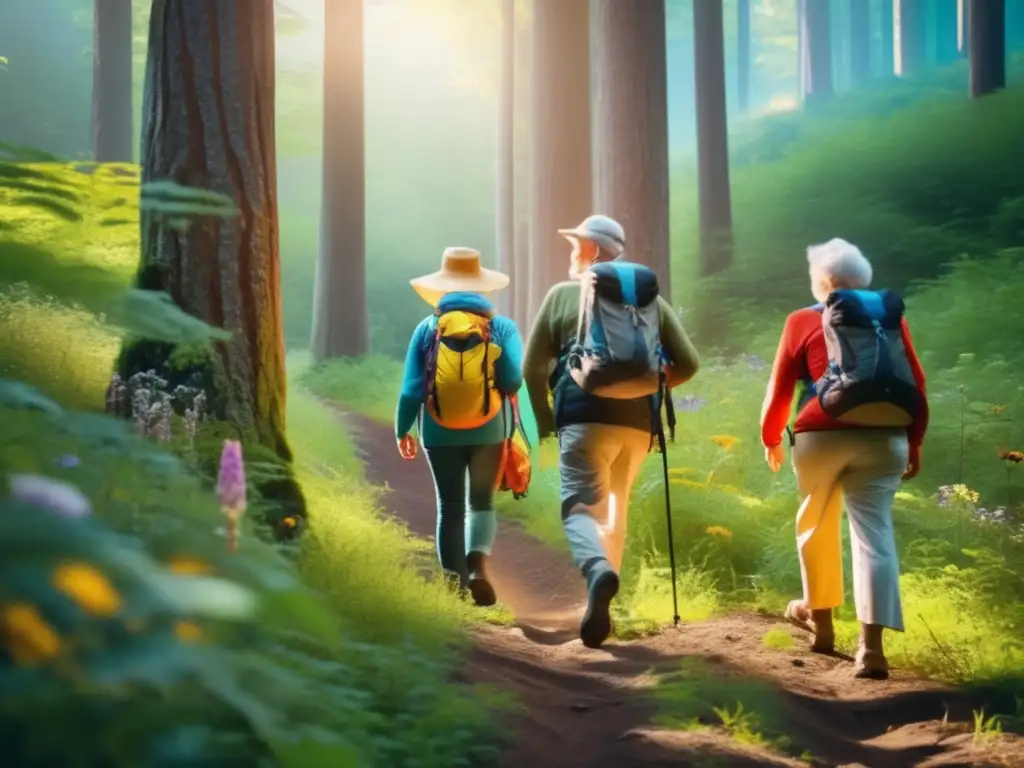 Seniors disfrutando de una caminata en el bosque Senderismo seguro para adultos mayores en un hermoso bosque con hikers sonrientes, paisajes deslumbrantes y flora vibrante