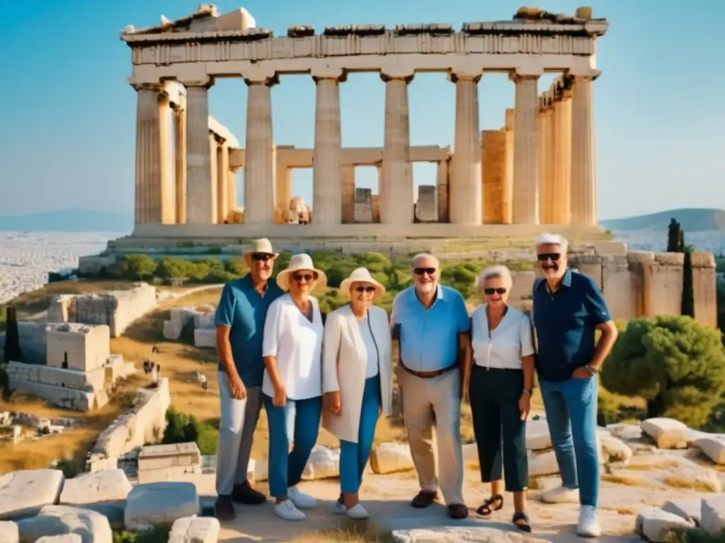 Viaje relajado por las ruinas de la Acrópolis Experiencias de viaje personalizadas para adultos mayores en Grecia - Vista impresionante de las ruinas antiguas de la Acrópolis en Atenas, con el majestuoso Partenón y un grupo de viajeros mayores disfrutando de la vista
