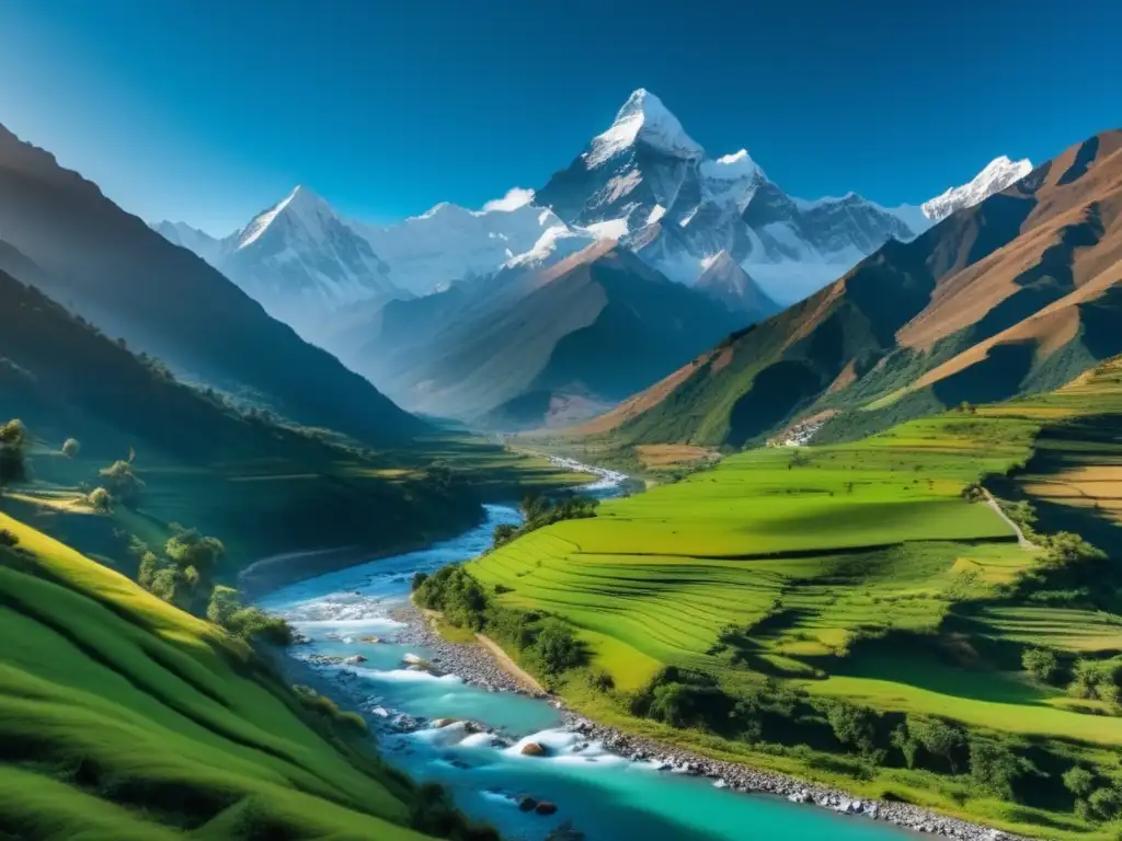 Hermoso paisaje montañoso en el Himalaya Paisaje montañoso en el Himalaya, con picos nevados y río serpenteante