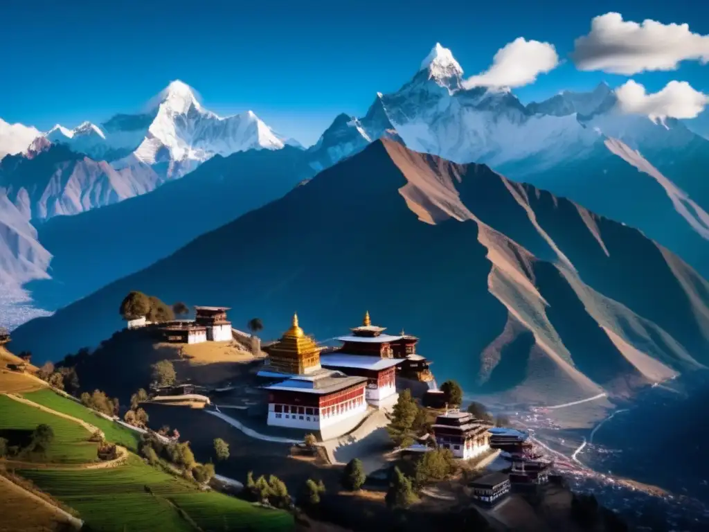Hermosa vista de los Himalayas: serenidad y espiritualidad Retiros de meditación en Nepal: Belleza serena y majestuosidad de los Himalayas, con picos nevados, monasterio budista y naturaleza exuberante