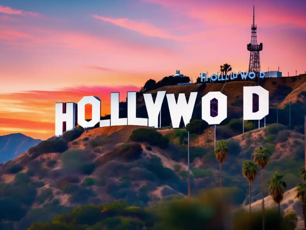 Impresionante imagen 8k del icónico letrero de Hollywood al atardecer Hollywood: icónica señal sobre colinas con atardecer vibrante y palmeras, reflejo de viaje cultural en Hollywood para seniors