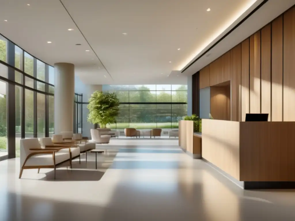 Hospital moderno y luminoso con diseño contemporáneo Lobby hospitalario moderno y espacioso con vista a jardín sereno