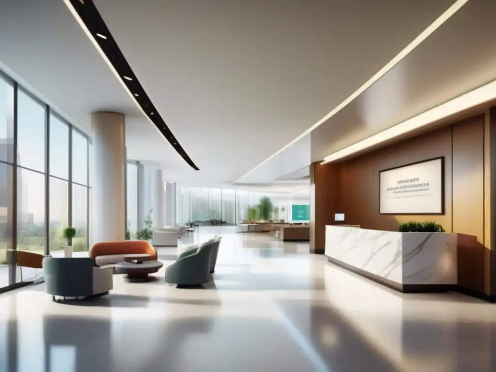 Hospital moderno con lobby vibrante y avanzado Destinos turismo médico recomendados: Hospital moderno con lobby luminoso, mobiliario contemporáneo y arte médico vibrante