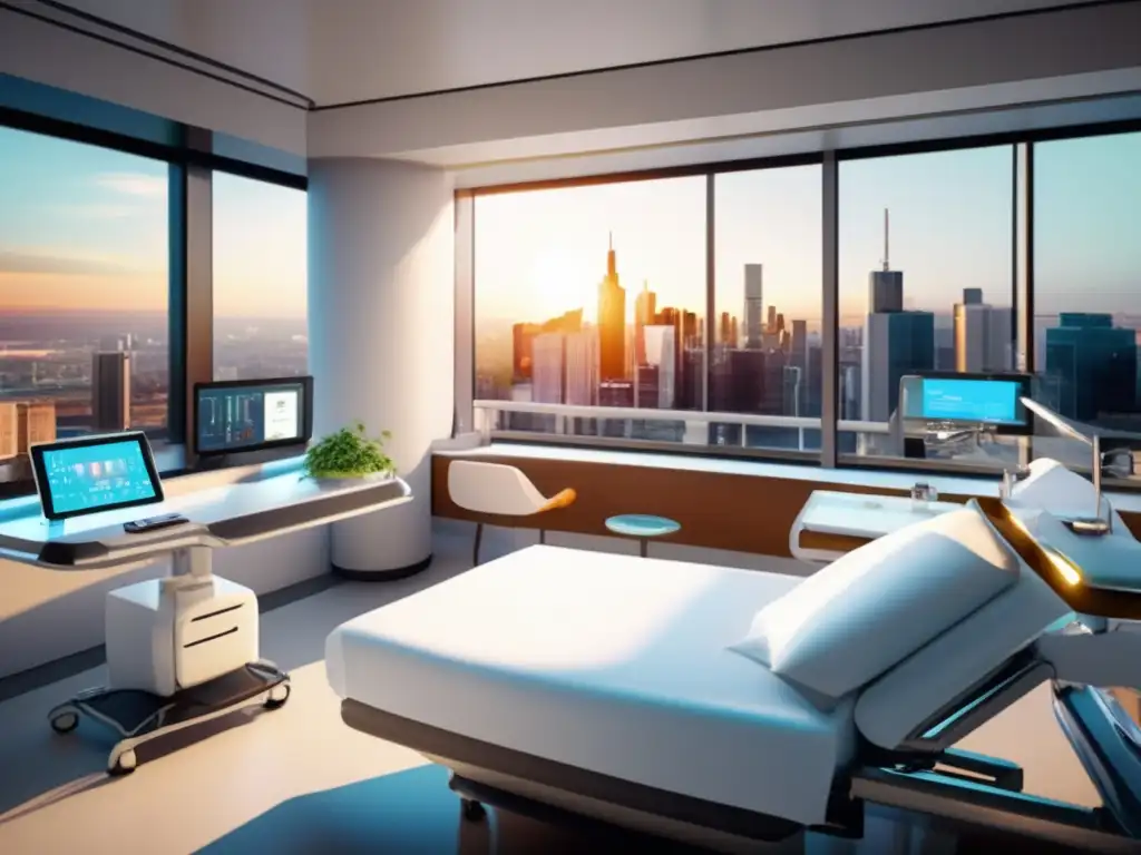 Moderna habitación hospitalaria con vistas a la ciudad Preparación viajes médicos con condiciones crónicas: Moderna habitación hospitalaria 8k, amplia y luminosa, con equipo médico avanzado y cama cómoda rodeada de monitores y arte vibrante