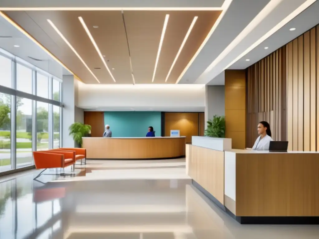 Moderna recepción de hospital con diseño contemporáneo Lobby moderno de hospital, seguro para turismo médico COVID19