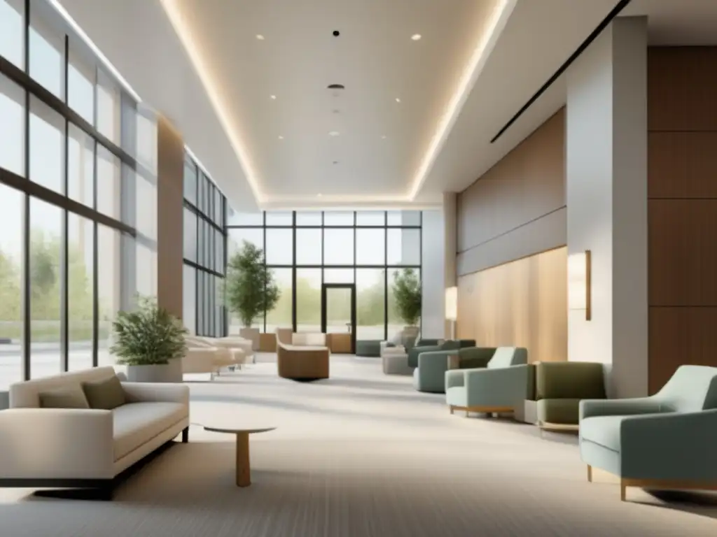 Hospital moderno y acogedor con personal amable Testimonios turismo médico personas mayores: Imagen moderna y acogedora de un lobby hospitalario con personal médico amable y profesional