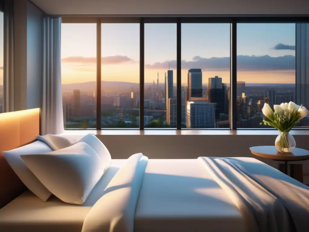 Habitación hospitalaria con vista a la ciudad Consejos para viajeros médicos solitarios en una habitación hospitalaria moderna con vista a una vibrante ciudad