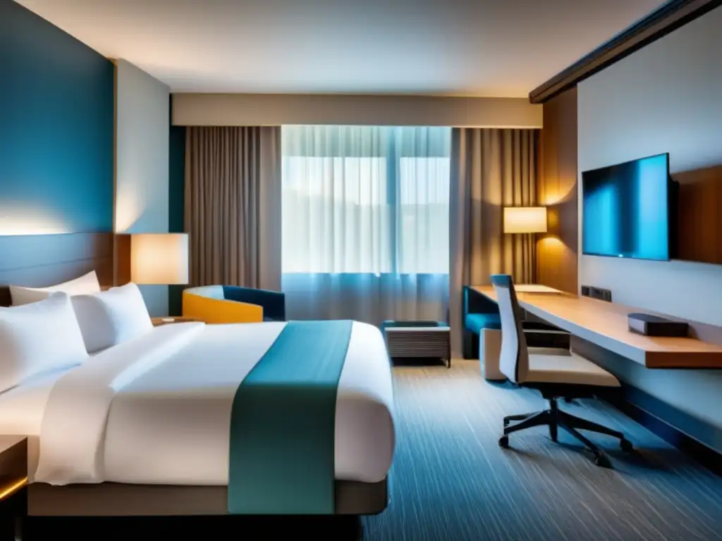 Habitación accesible y moderna para personas con movilidad reducida Consejos para viajar con movilidad reducida: Habitación accesible y moderna en hotel, con amplias puertas, baño adaptado y comodidades de calidad