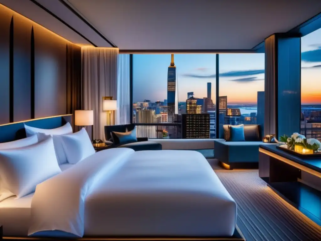 Habitación de hotel moderna y elegante con vistas a la ciudad Habitación de hotel moderna y lujosa con cama king size, vistas panorámicas y espacio de trabajo - Consejos reservas viaje online