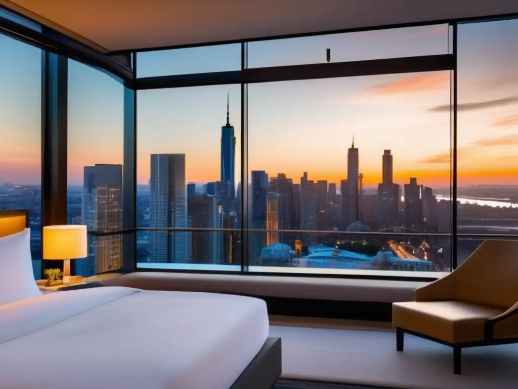 Habitación de hotel moderna con vista a la ciudad al atardecer Habitación de hotel con vista a la ciudad al atardecer, equipada para ejercicios de acondicionamiento físico