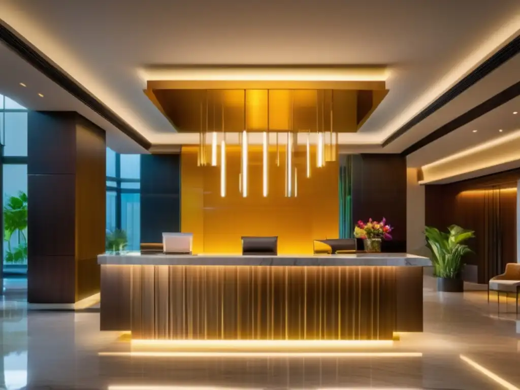 Elegante lobby de hotel seguro y lujoso Lobby hotel moderno con diseño elegante, arte suspendido y ambiente seguro - Consejos seguridad alojamientos viajeros seniors